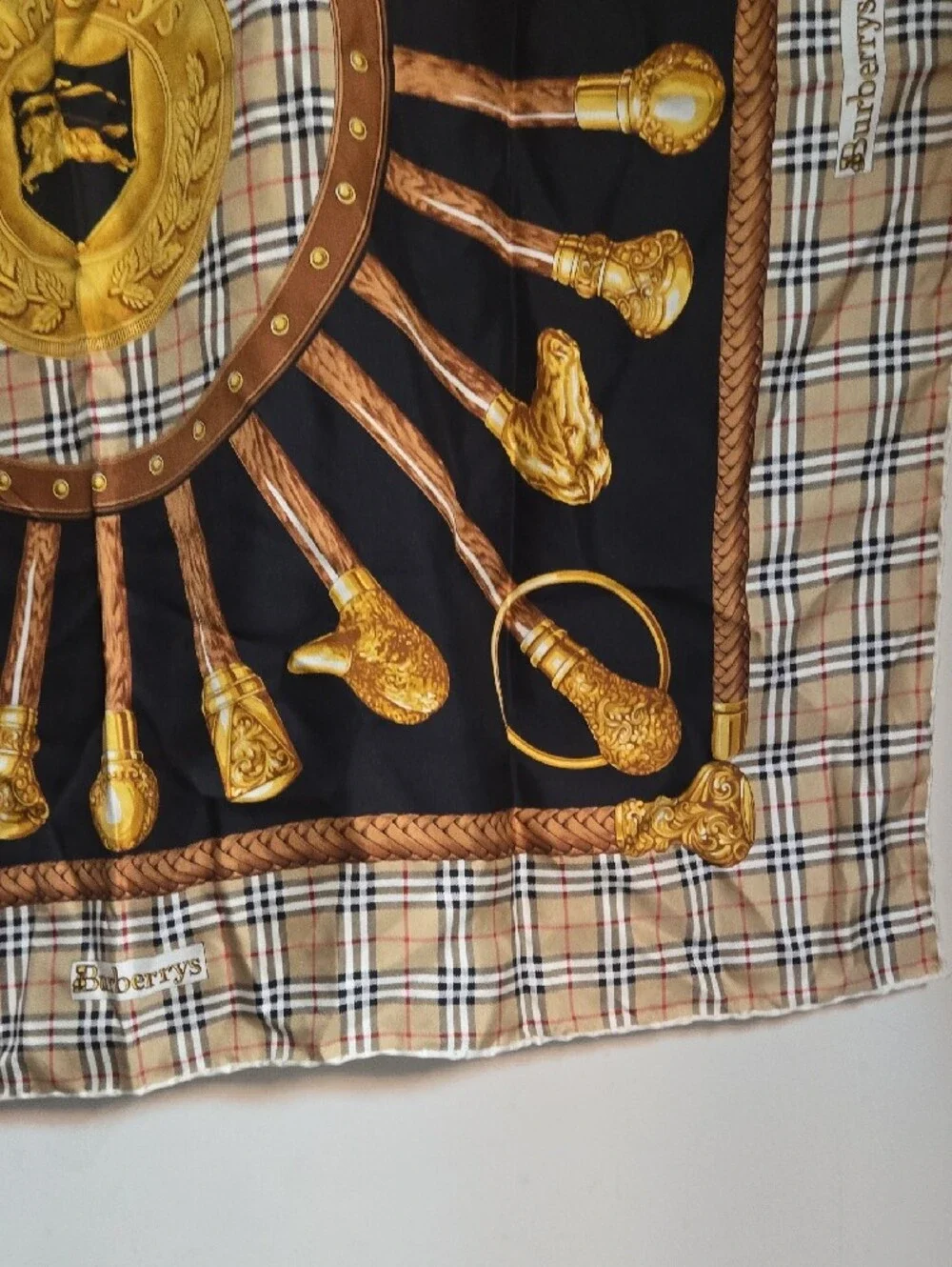 Burberry Black, Beige and Gold Heraldic Medallion Tapestry